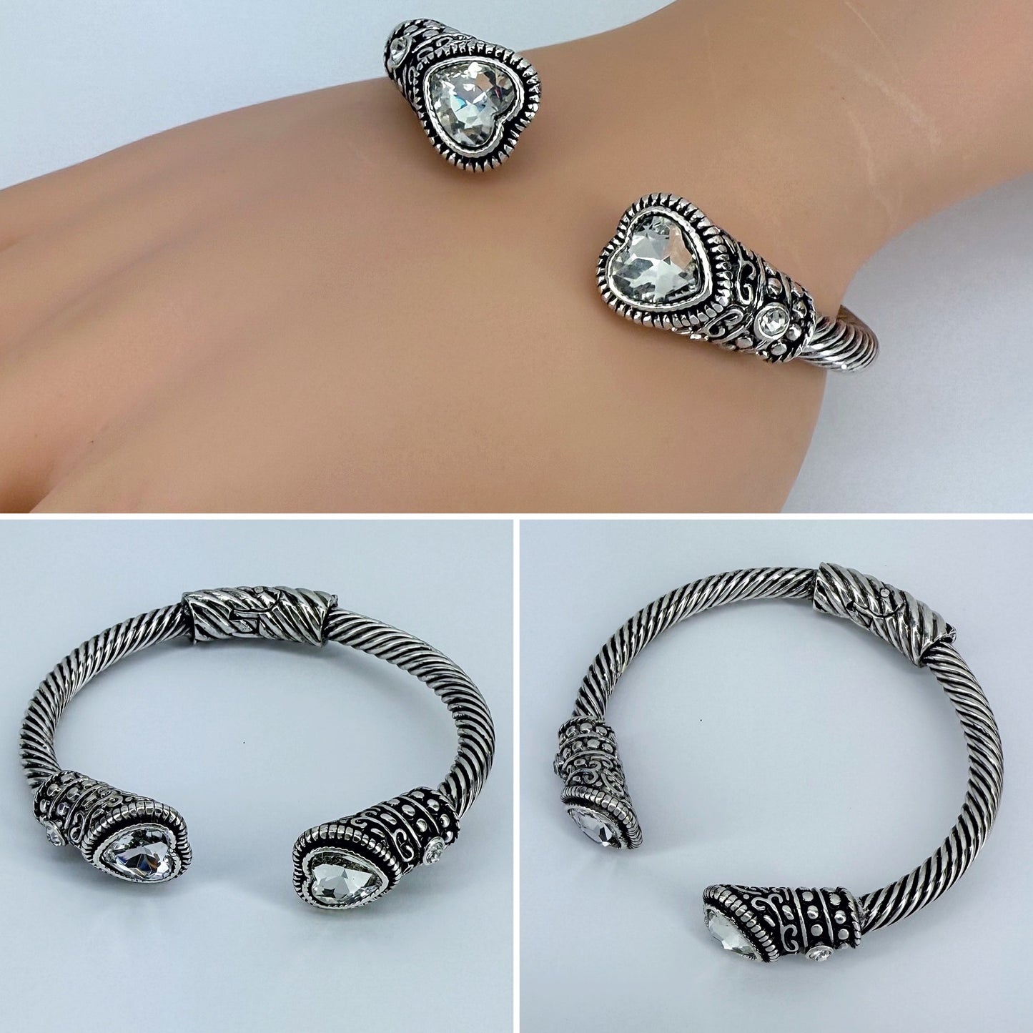 Cable Style Bangle Bracelet Heart Rhinestone