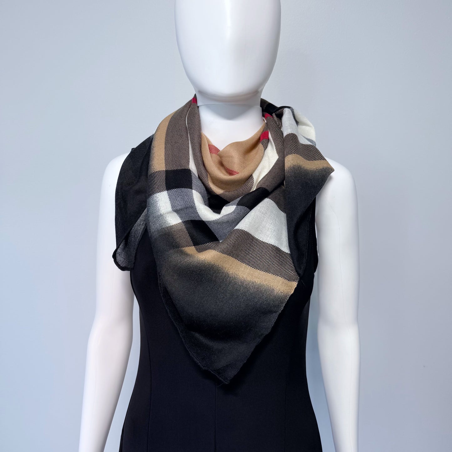 Cotton Square Scarf Taupe Checkered Print
