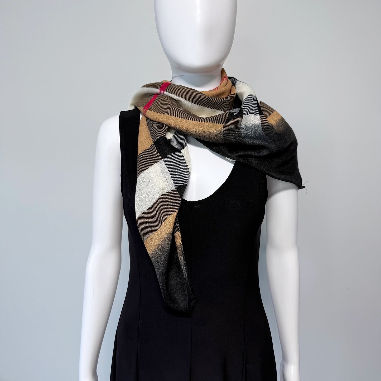 Cotton Square Scarf Taupe Checkered Print