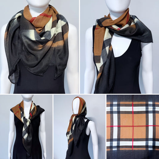 Cotton Square Scarf Brown Checkered Print