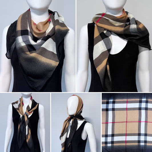 Cotton Square Scarf Taupe Checkered Print