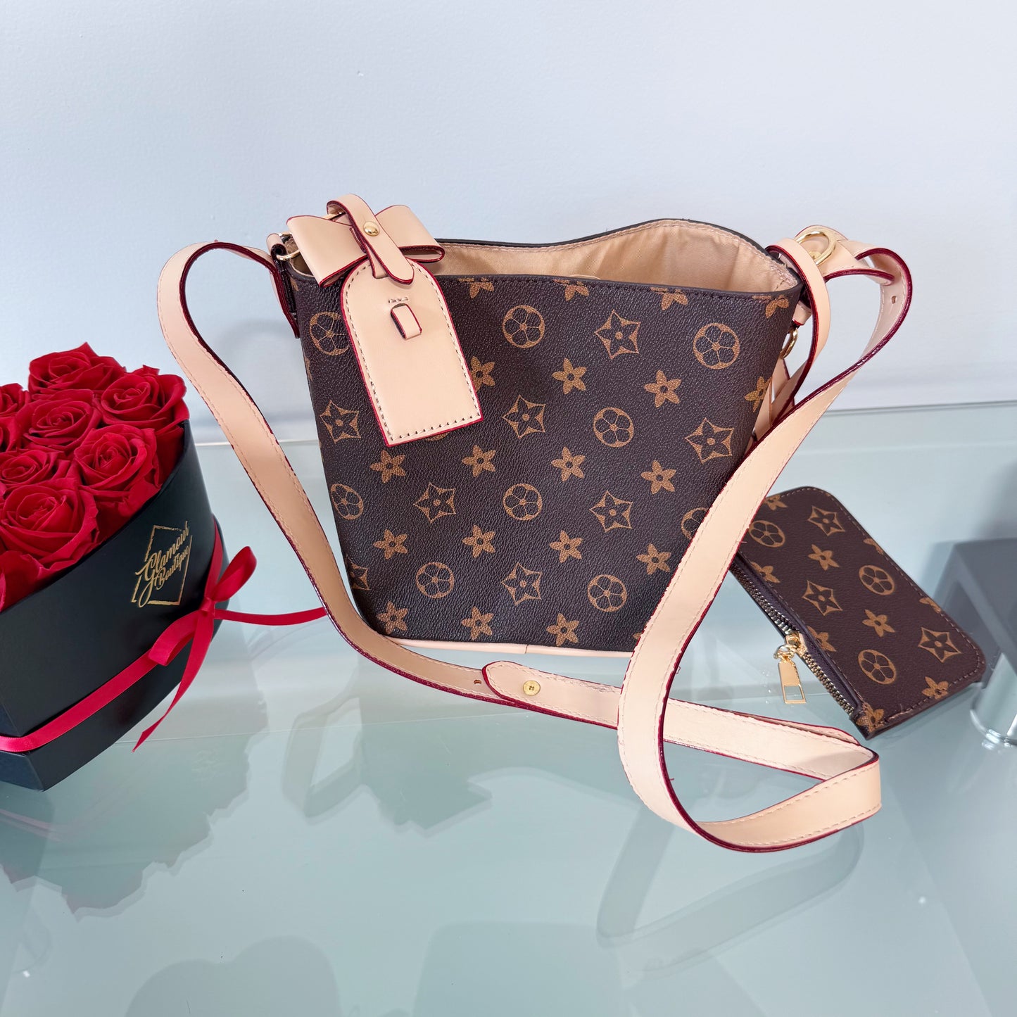 Brown Shoulder Bag with Flowers Design
