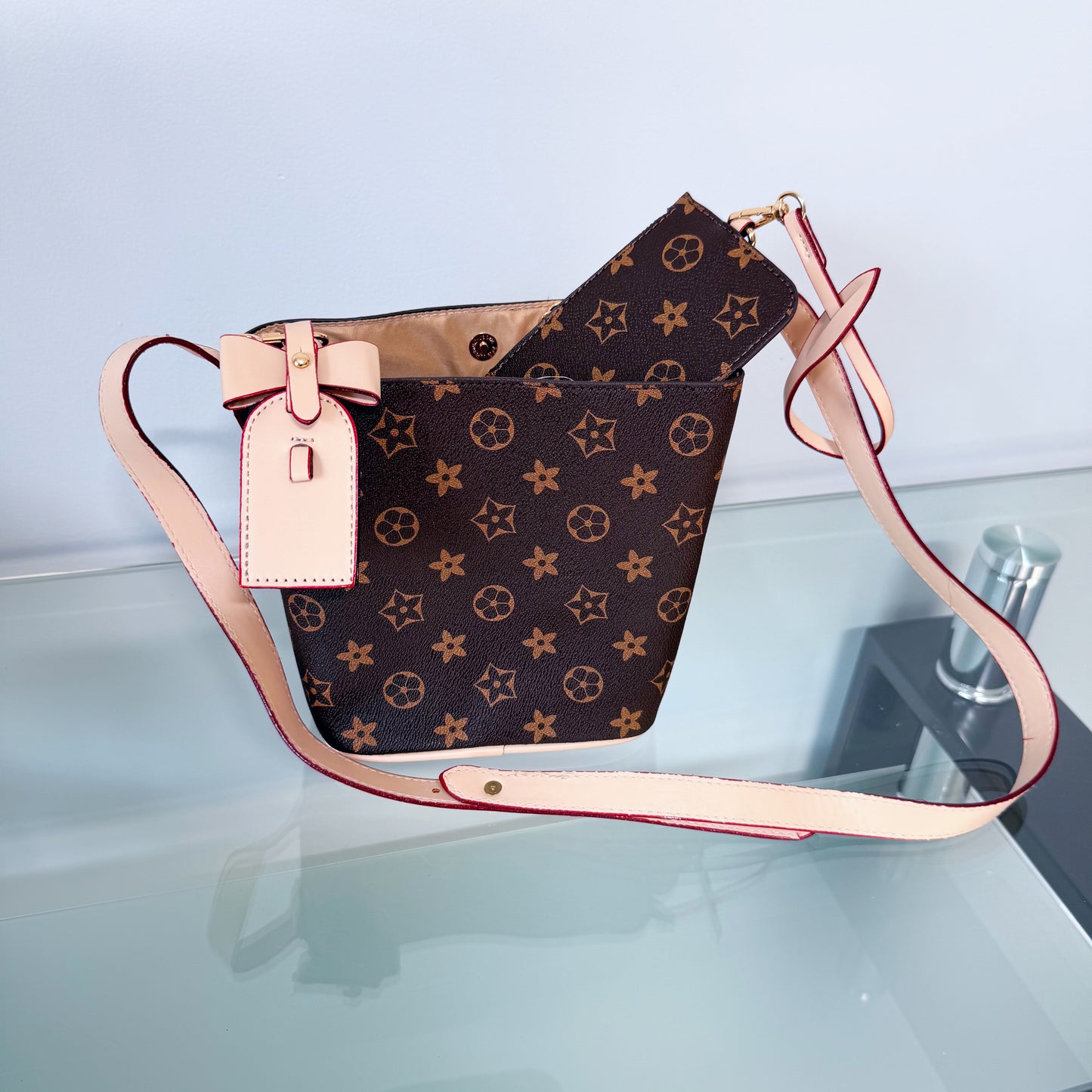 Brown Shoulder Bag with Flowers Design