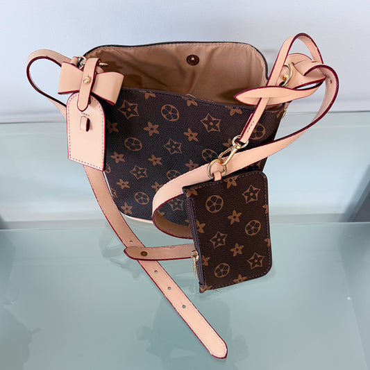 Brown Shoulder Bag with Flowers Design