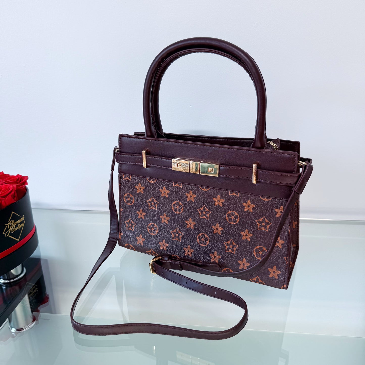 Shoulder Bag Brown with Flowers Design