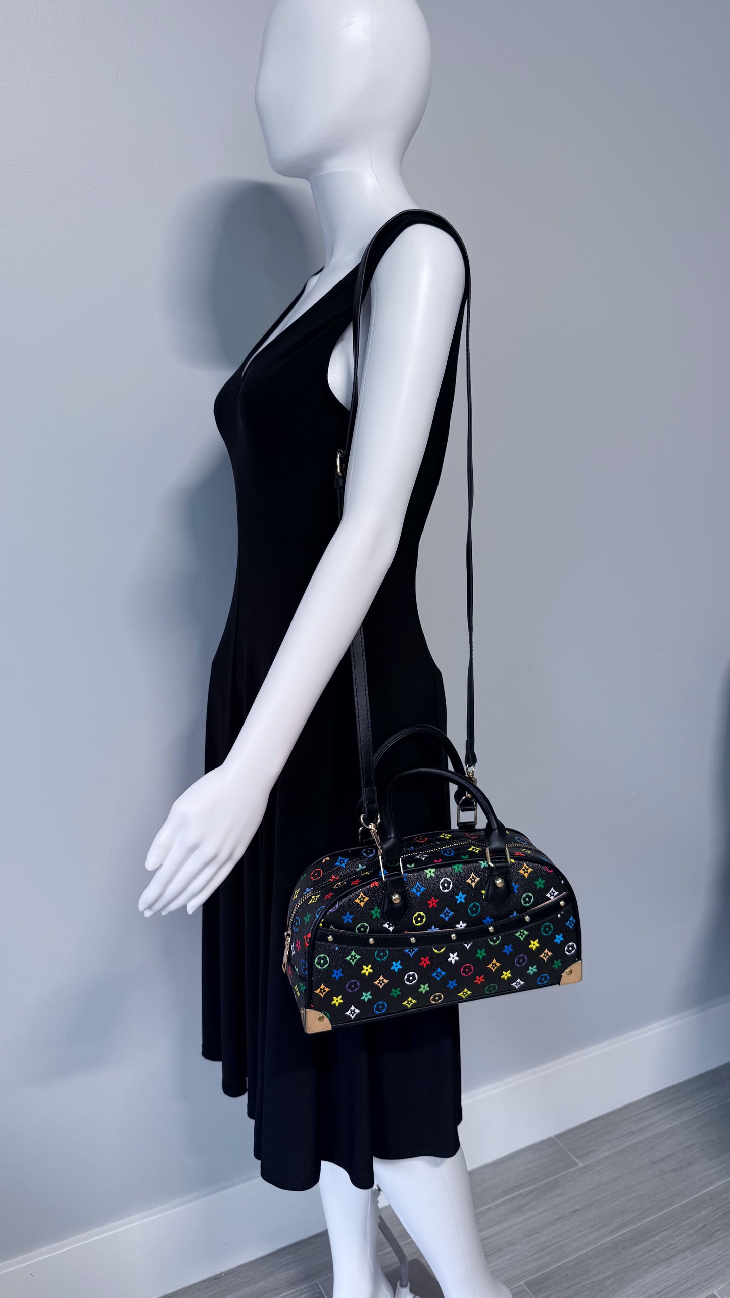 HandBag Black with Multicolor Flowers Design
