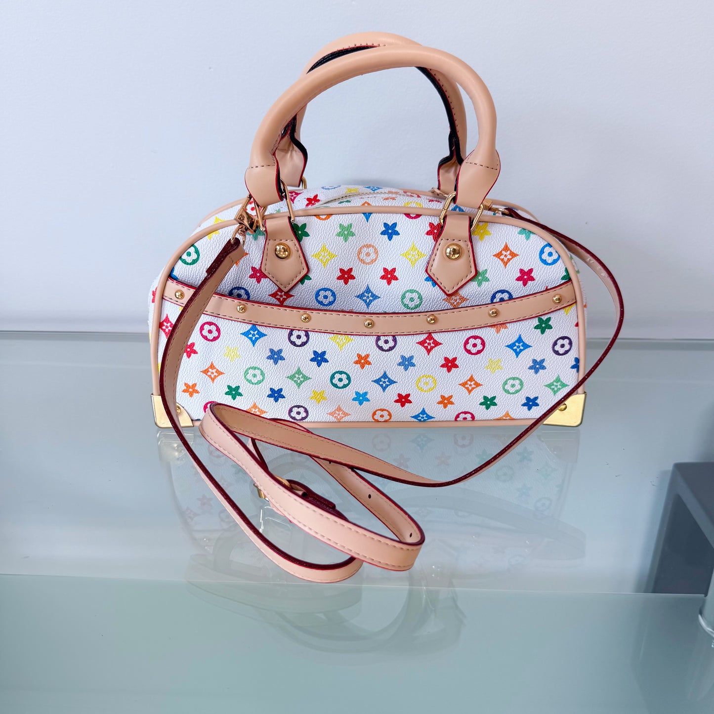 HandBag White with Multicolor Flowers Design
