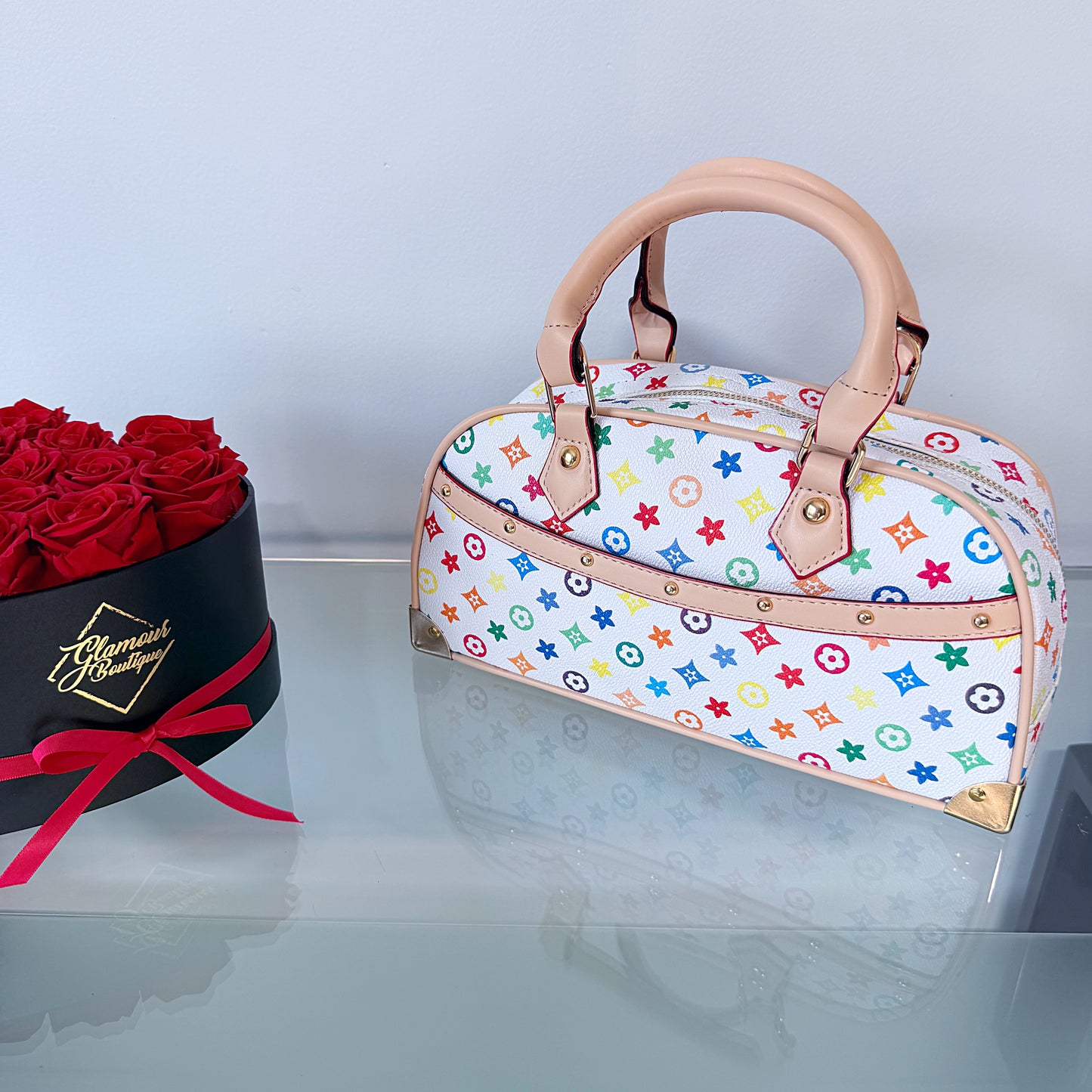 HandBag White with Multicolor Flowers Design