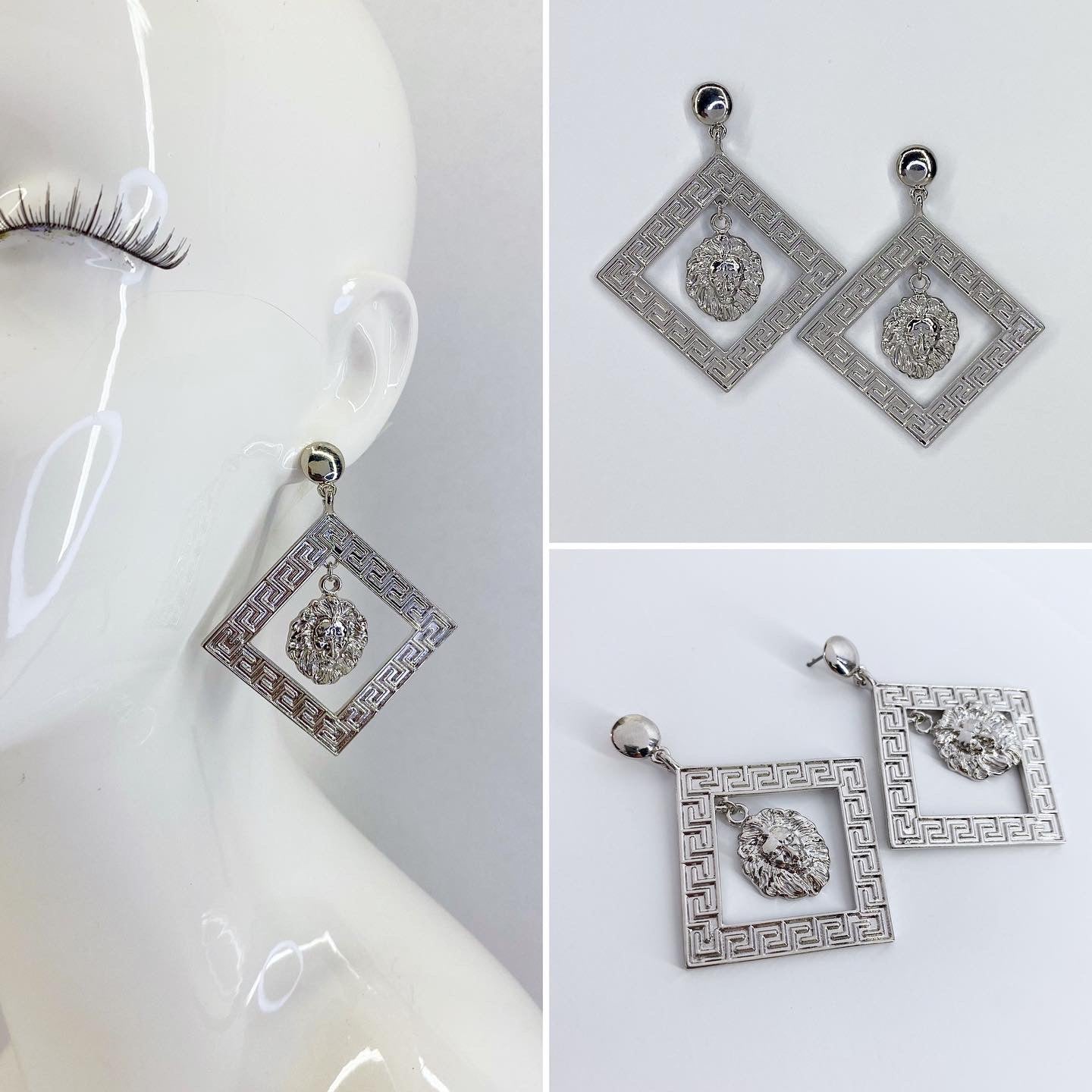Silver Finish Post Back Earring With Square and Lion Head Dangle