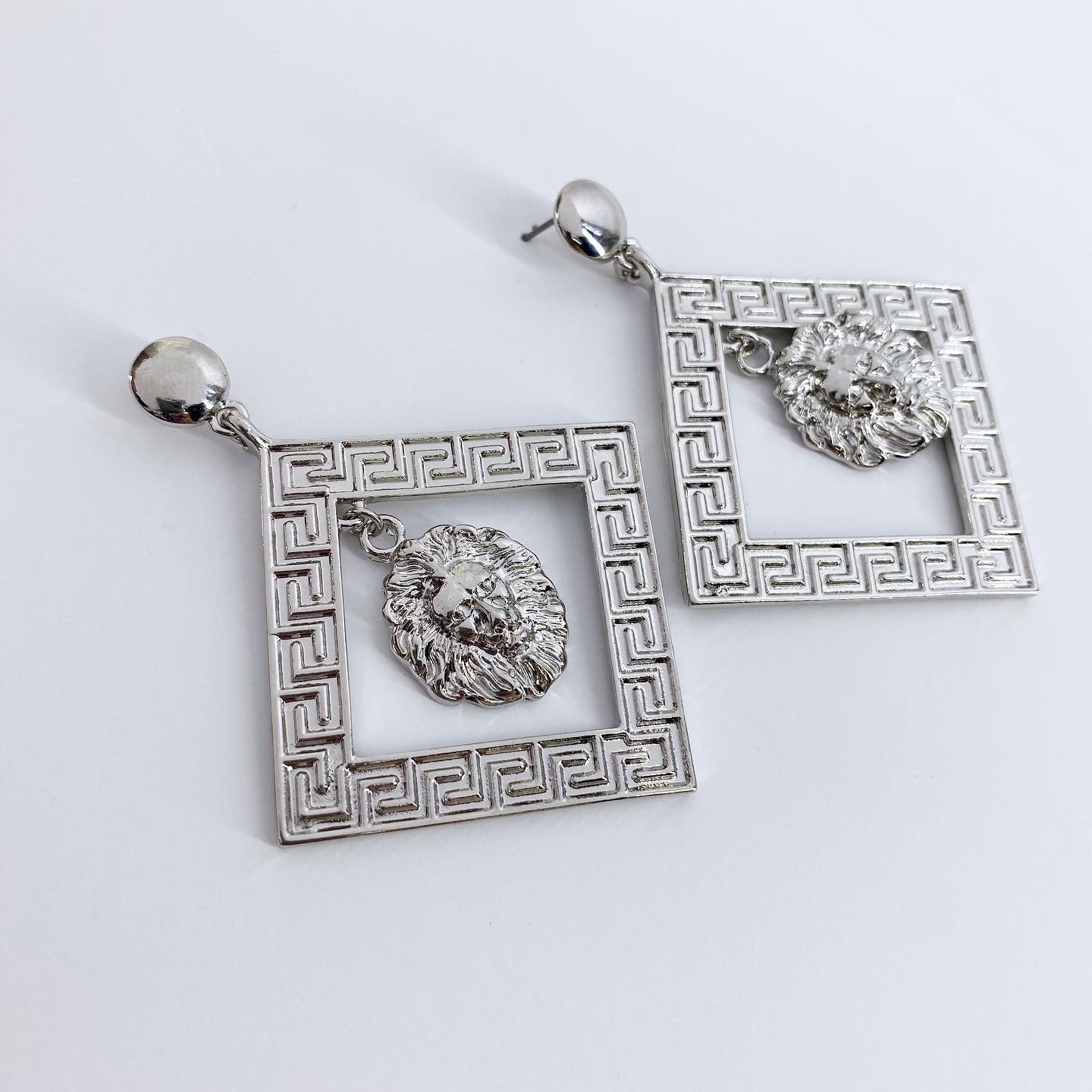 Silver Finish Post Back Earring With Square and Lion Head Dangle