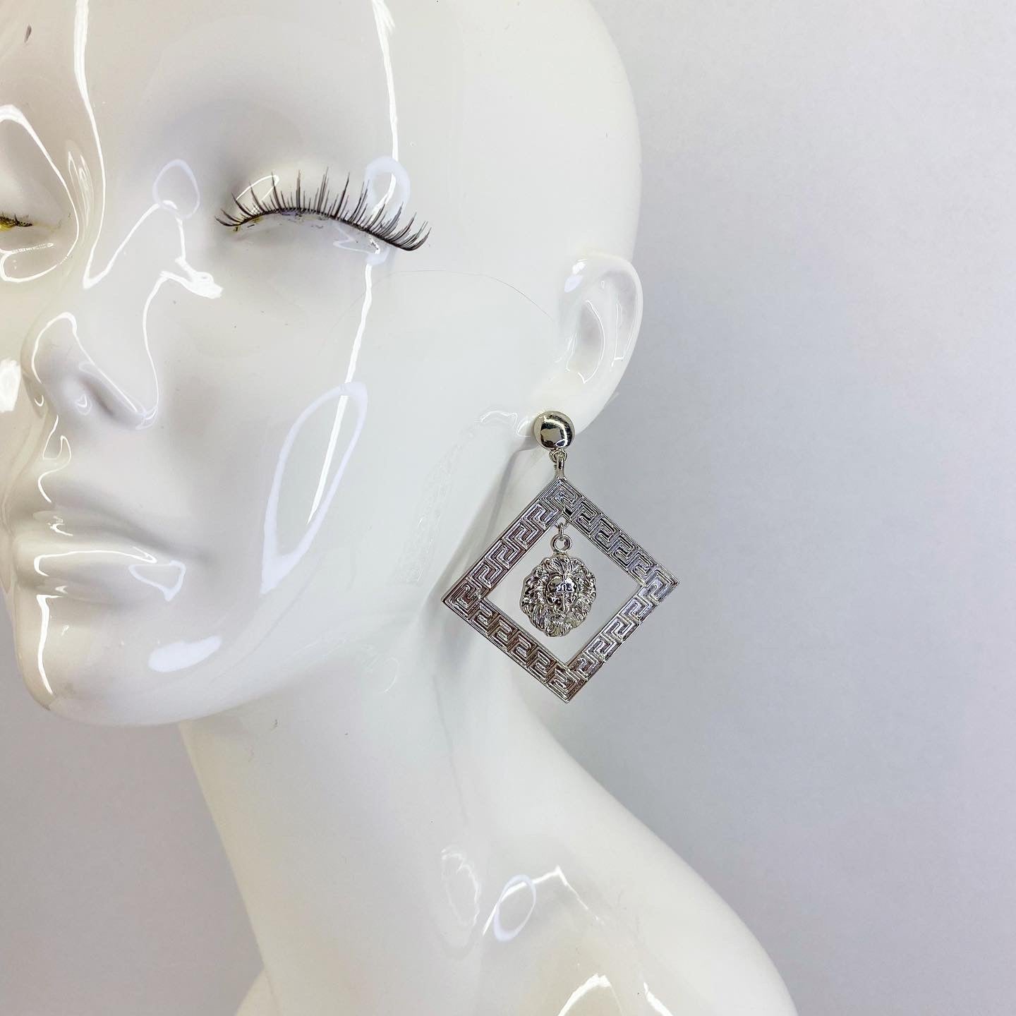 Silver Finish Post Back Earring With Square and Lion Head Dangle
