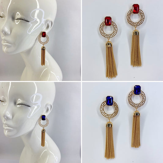 Circle Greek Key Symbol Earrings With Chain Tassel