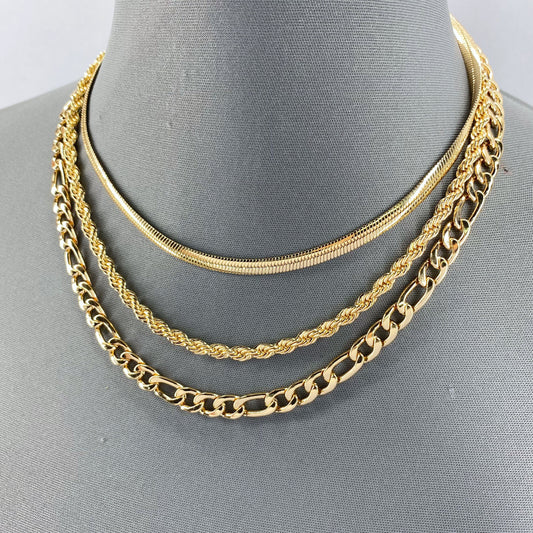 Gold Finish Multi Layered Necklace With Herringbone, Rope And Figaro Link Chain