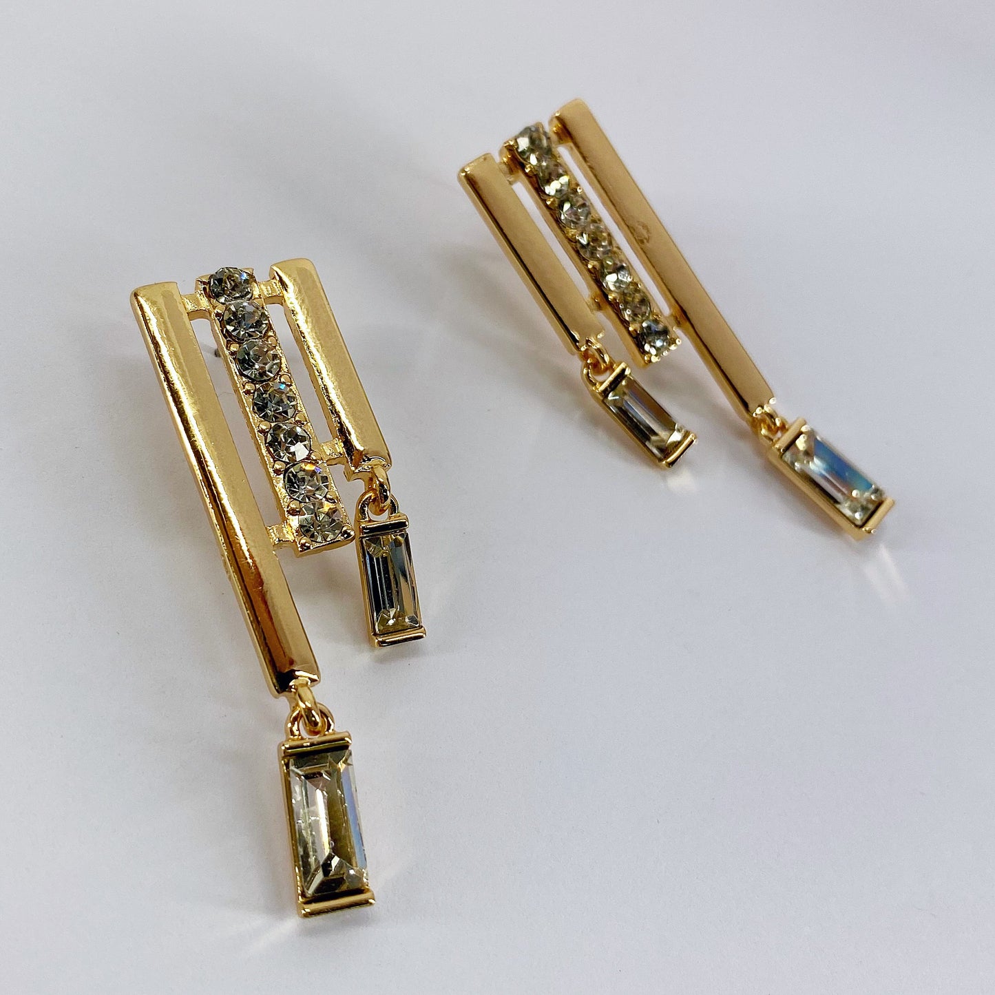 3 Bars Earrings Gold Finish Post Back With Stone Drop Dangle
