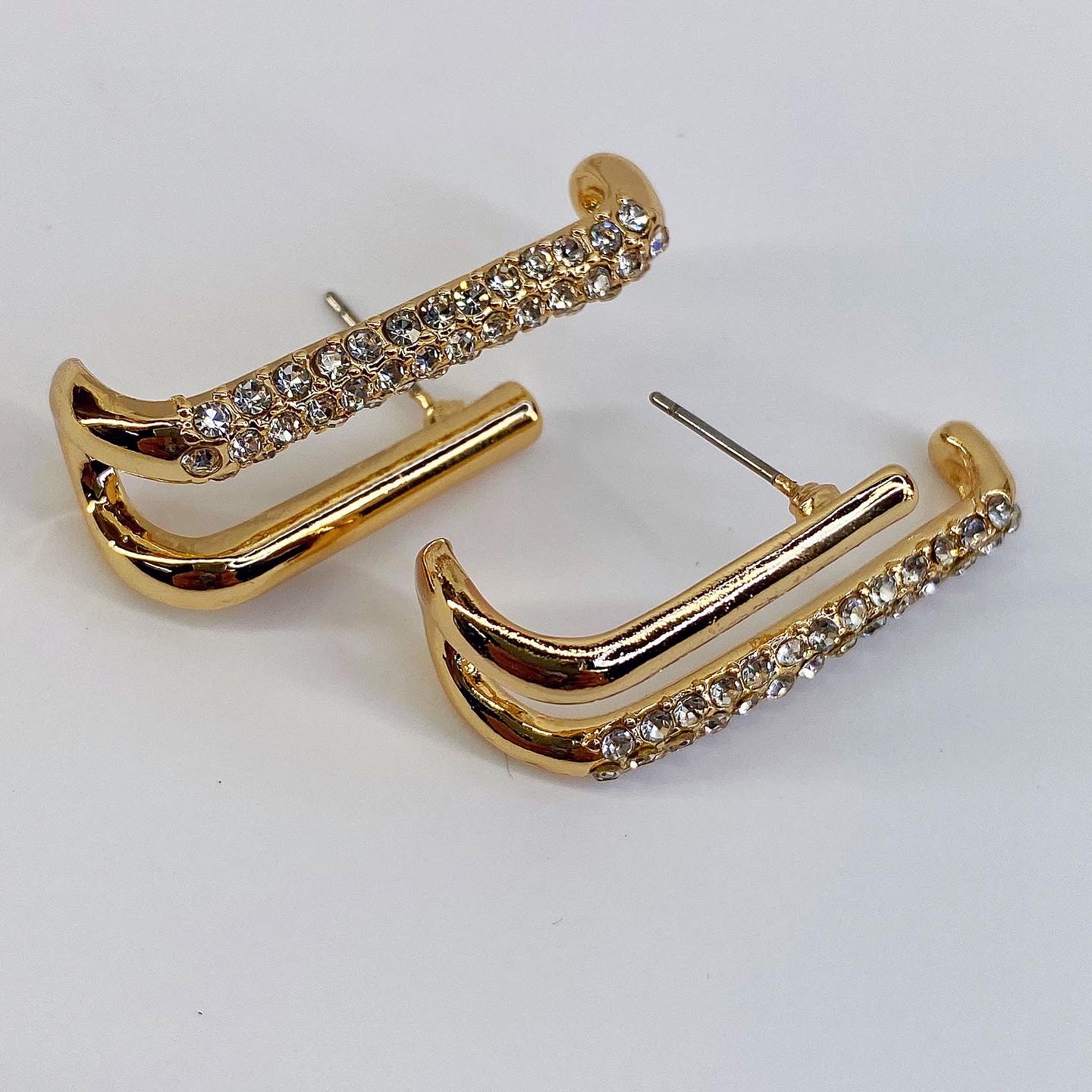 Clear Rhinestones Double Folded Bar Earrings