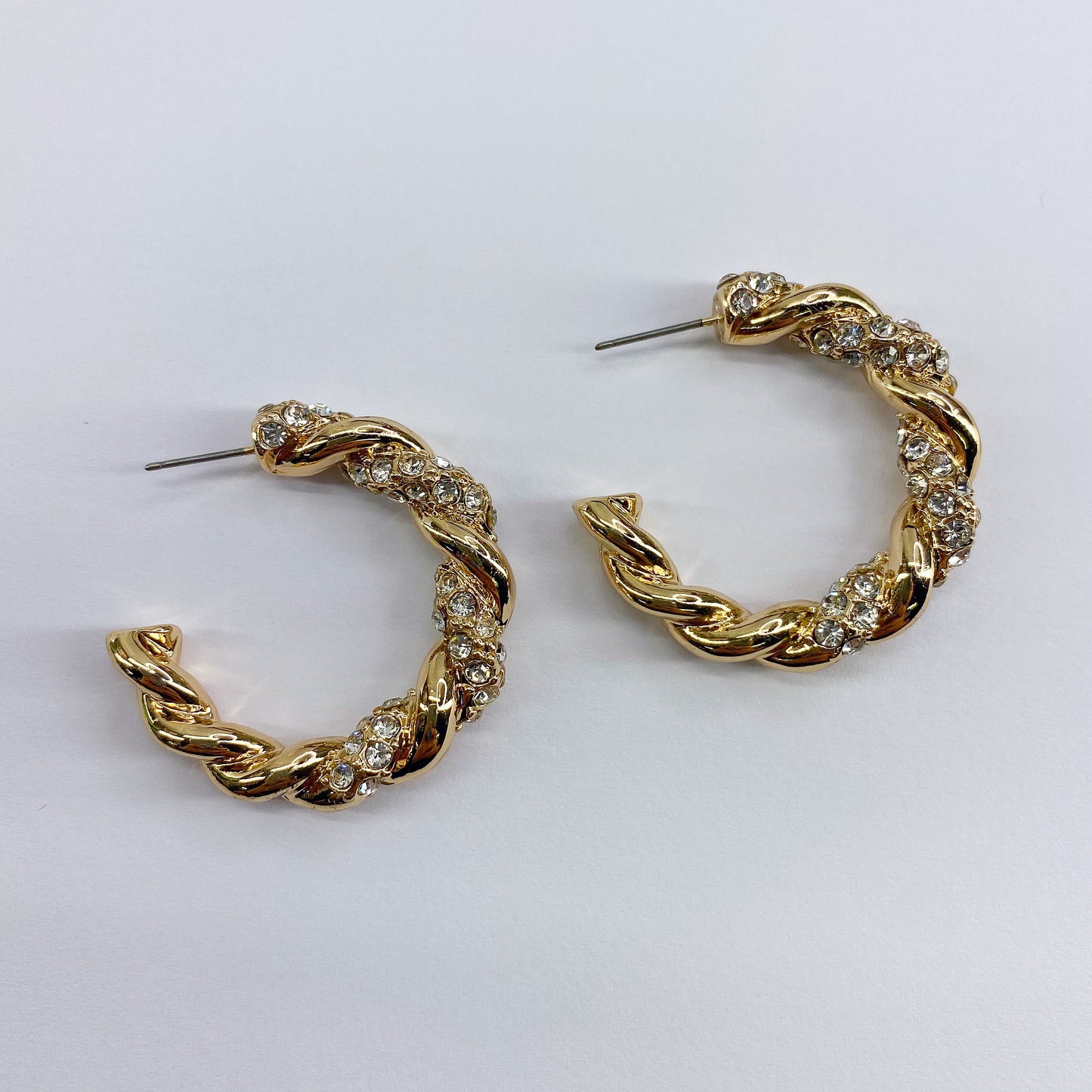 Twisted Metal with Rhinestones Hoop Post Earrings