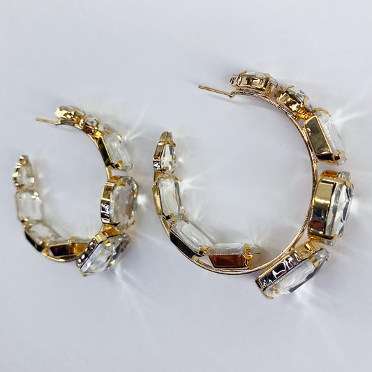 Gold Finish Hoop Earrings Chunky Rhinestone
