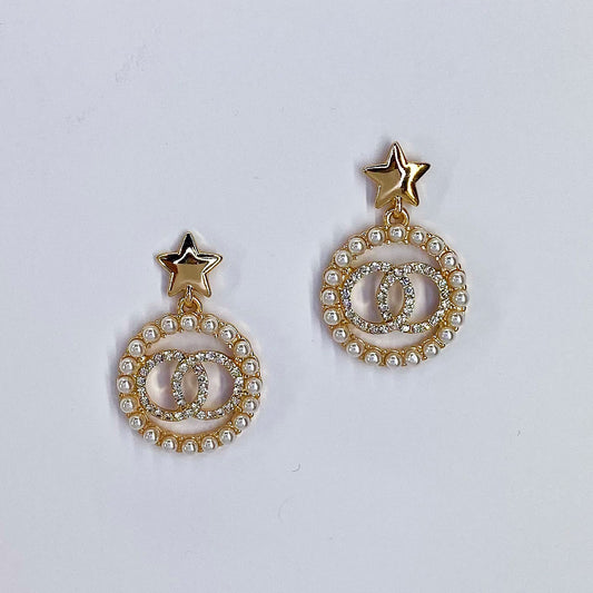 Star Earrings With Pearls Double O Rhinestones