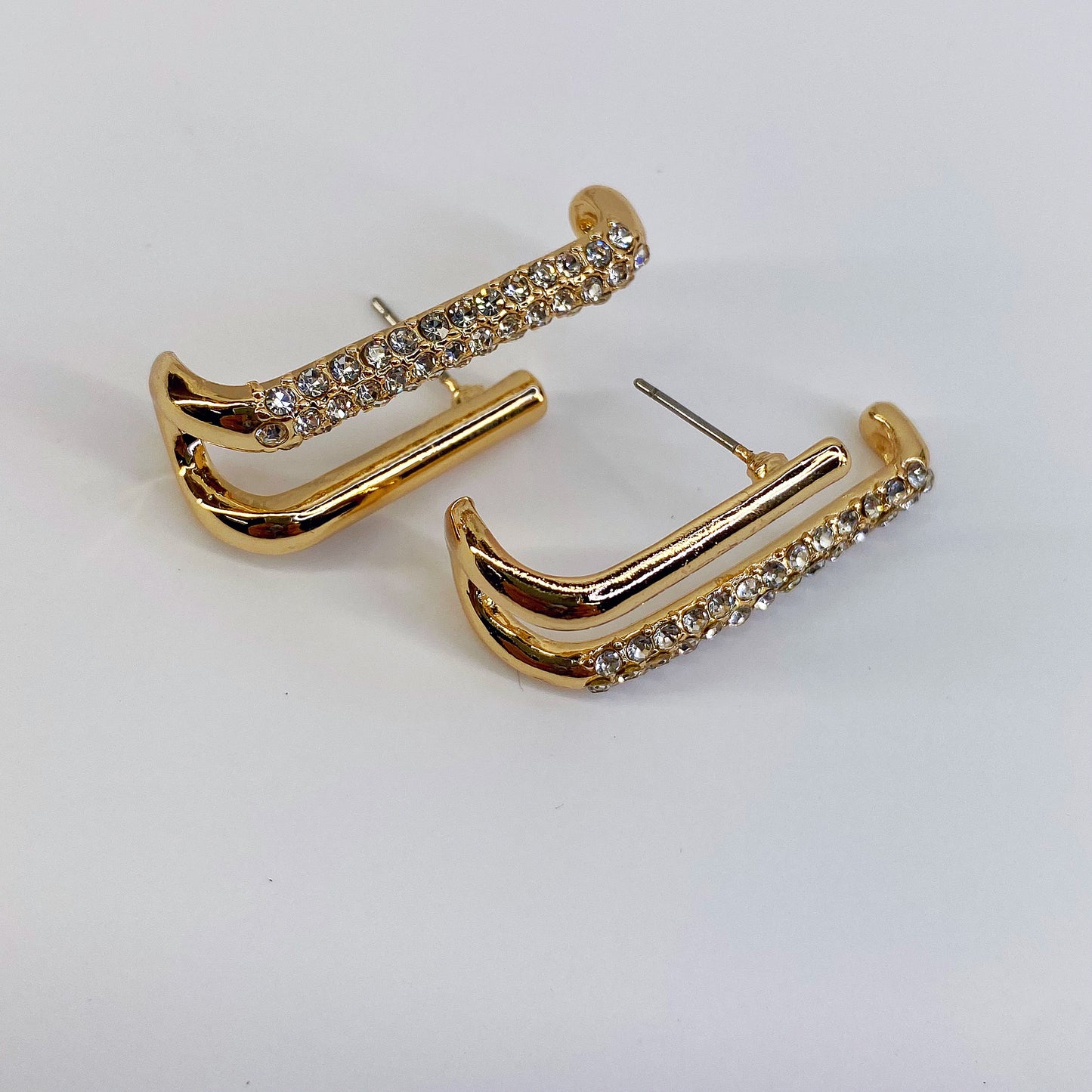 Clear Rhinestones Double Folded Bar Earrings