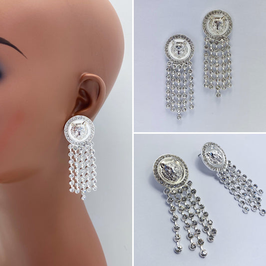 Lion Head Rhinestone Tassel Earrings
