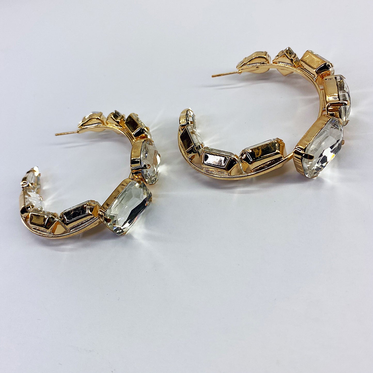 Gold Finish Hoop Earrings Chunky Rhinestone