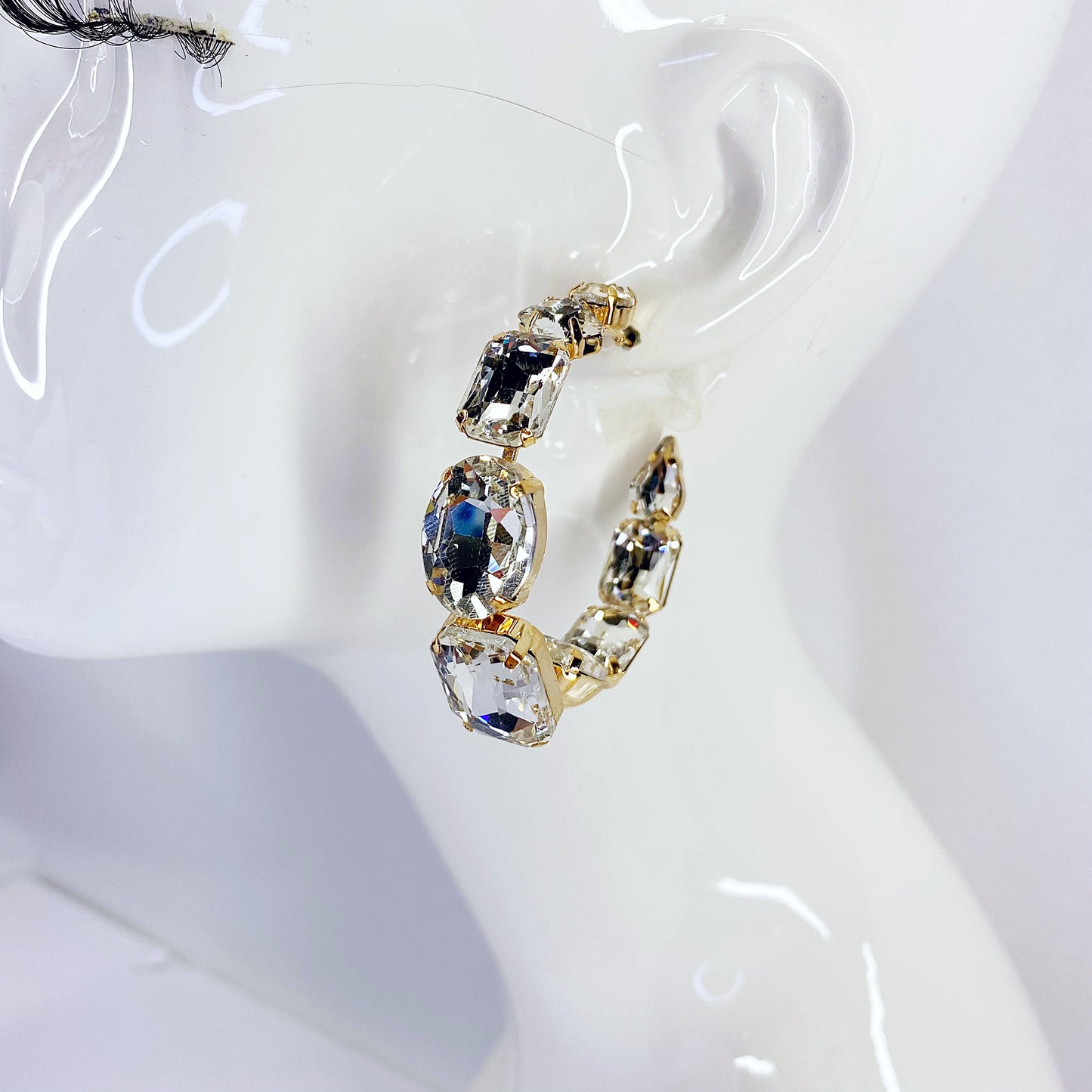 Gold Finish Hoop Earrings Chunky Rhinestone