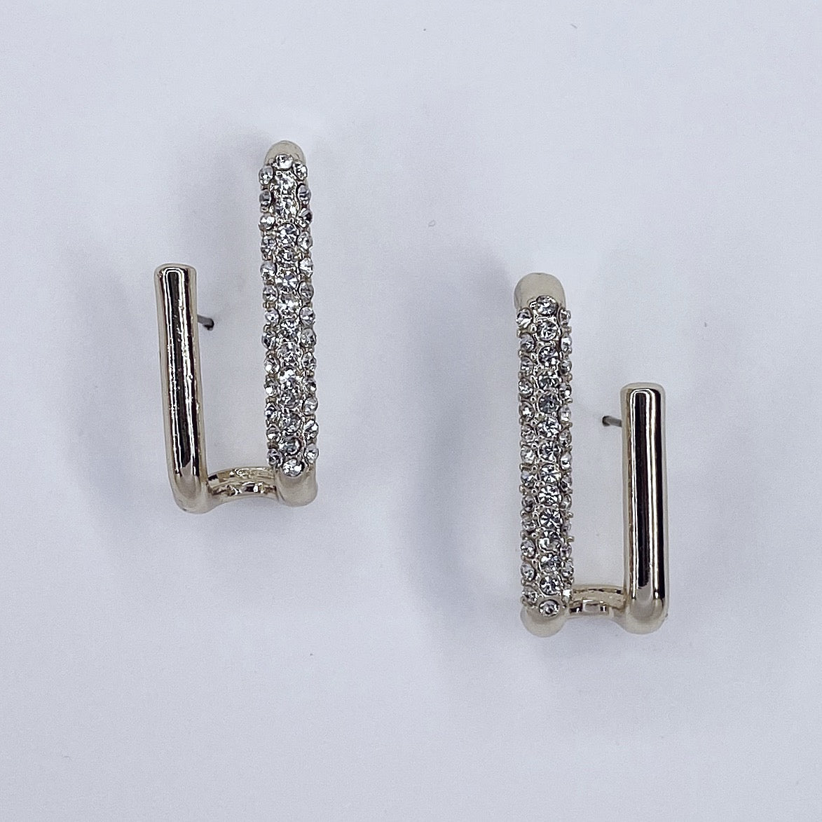 Clear Rhinestones Double Folded Bar Earrings