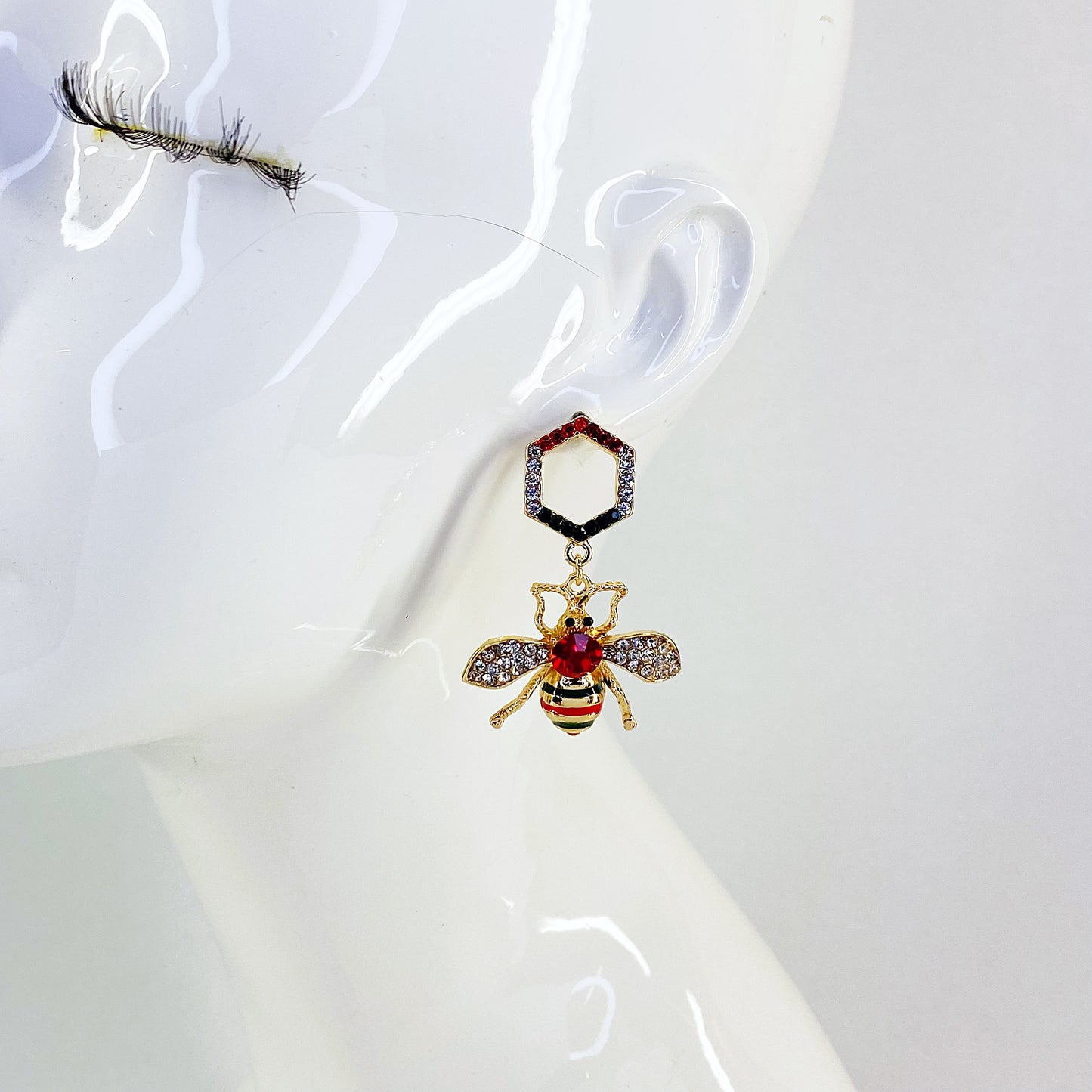 Drop Dangle Hexagon with Bee Earrings