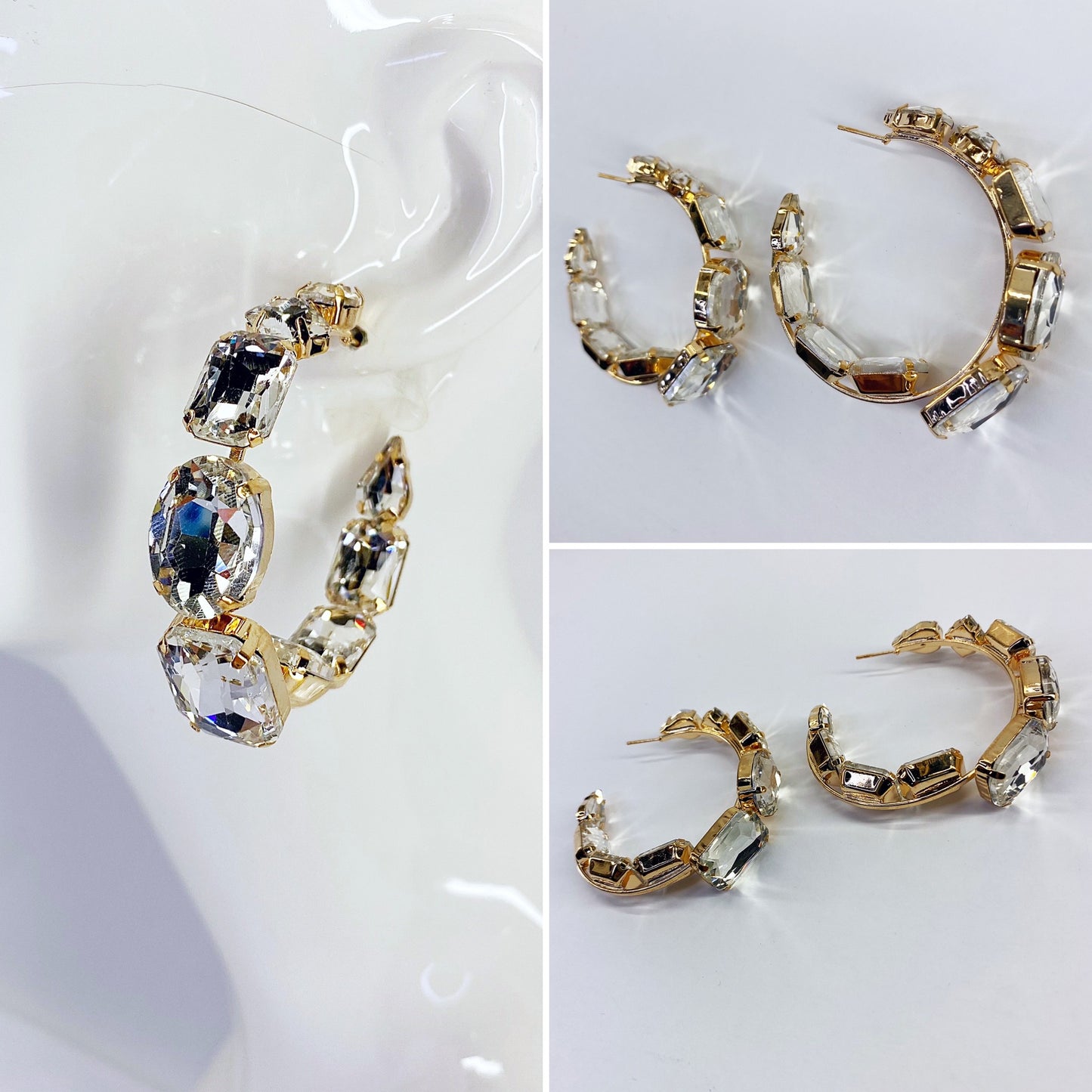 Gold Finish Hoop Earrings Chunky Rhinestone
