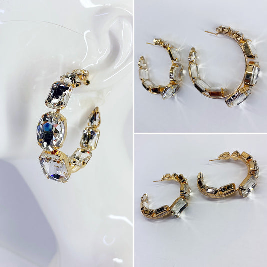 Gold Finish Hoop Earrings Chunky Rhinestone