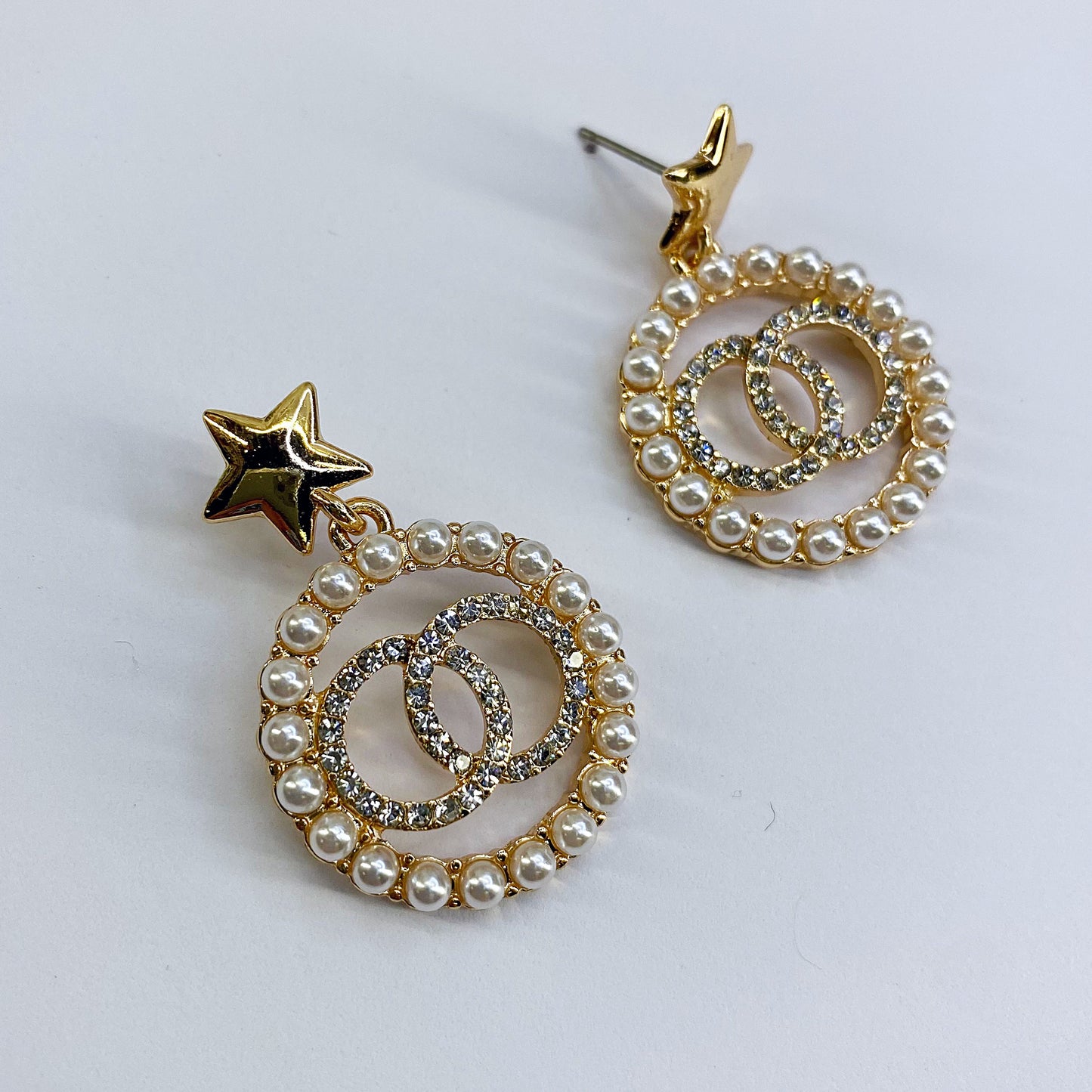 Star Earrings With Pearls Double O Rhinestones
