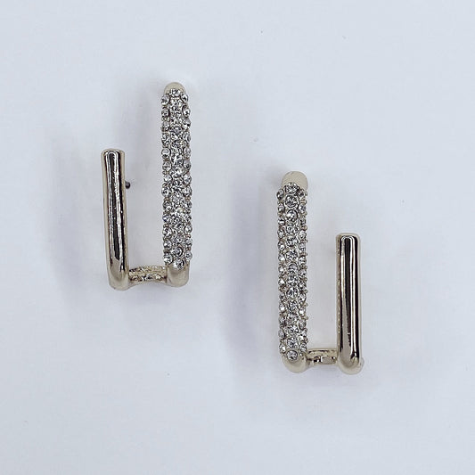 Clear Rhinestones Double Folded Bar Earrings