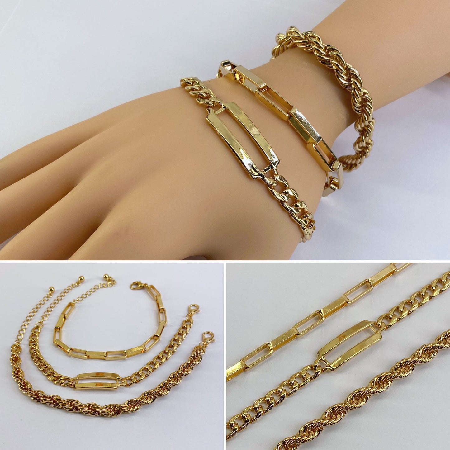 3pcs Gold Finish Chain Bracelet
