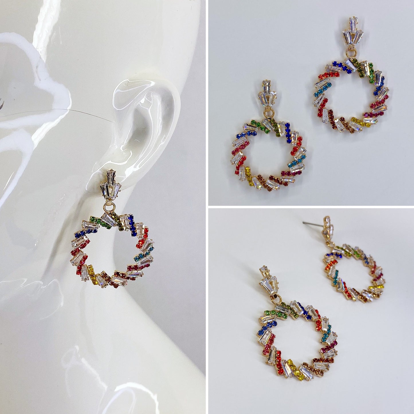 Post Back Gold Finish Multi Stones Round Earrings