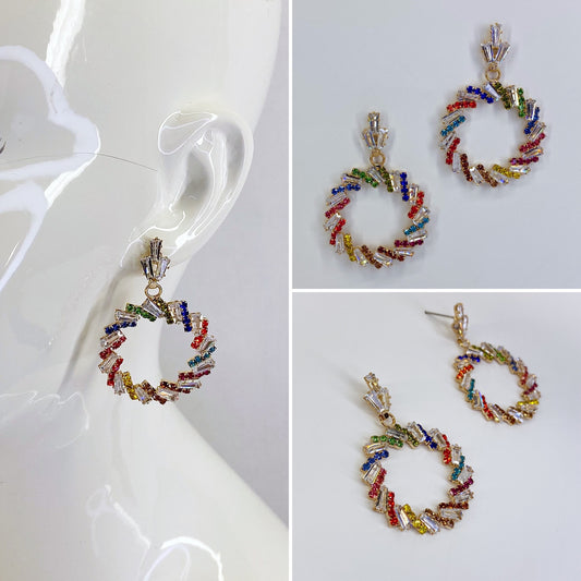 Post Back Gold Finish Multi Stones Round Earrings