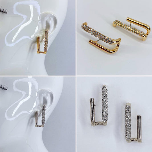 Clear Rhinestones Double Folded Bar Earrings