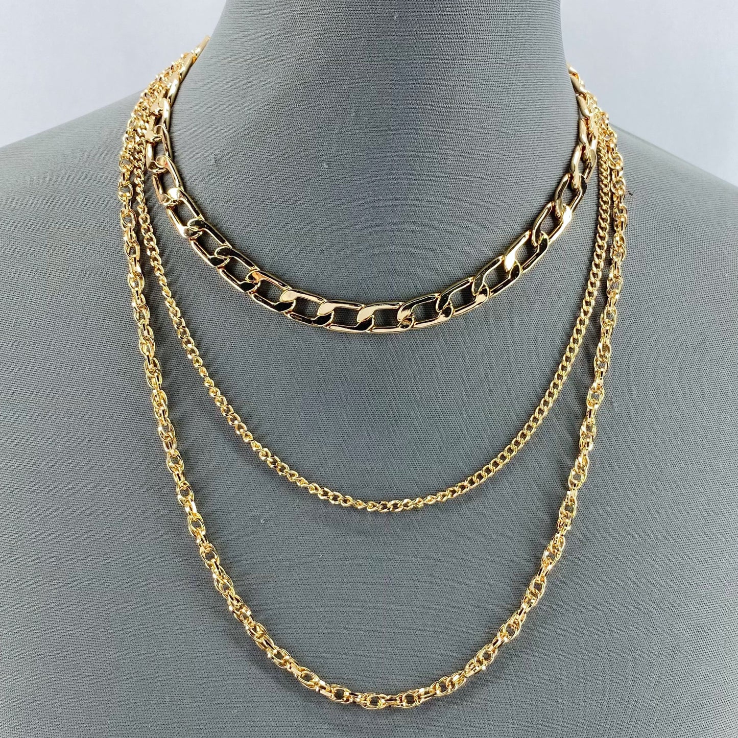 Multi Layered Gold Finish Necklace With Cuban Link, Rope and Curb Chain
