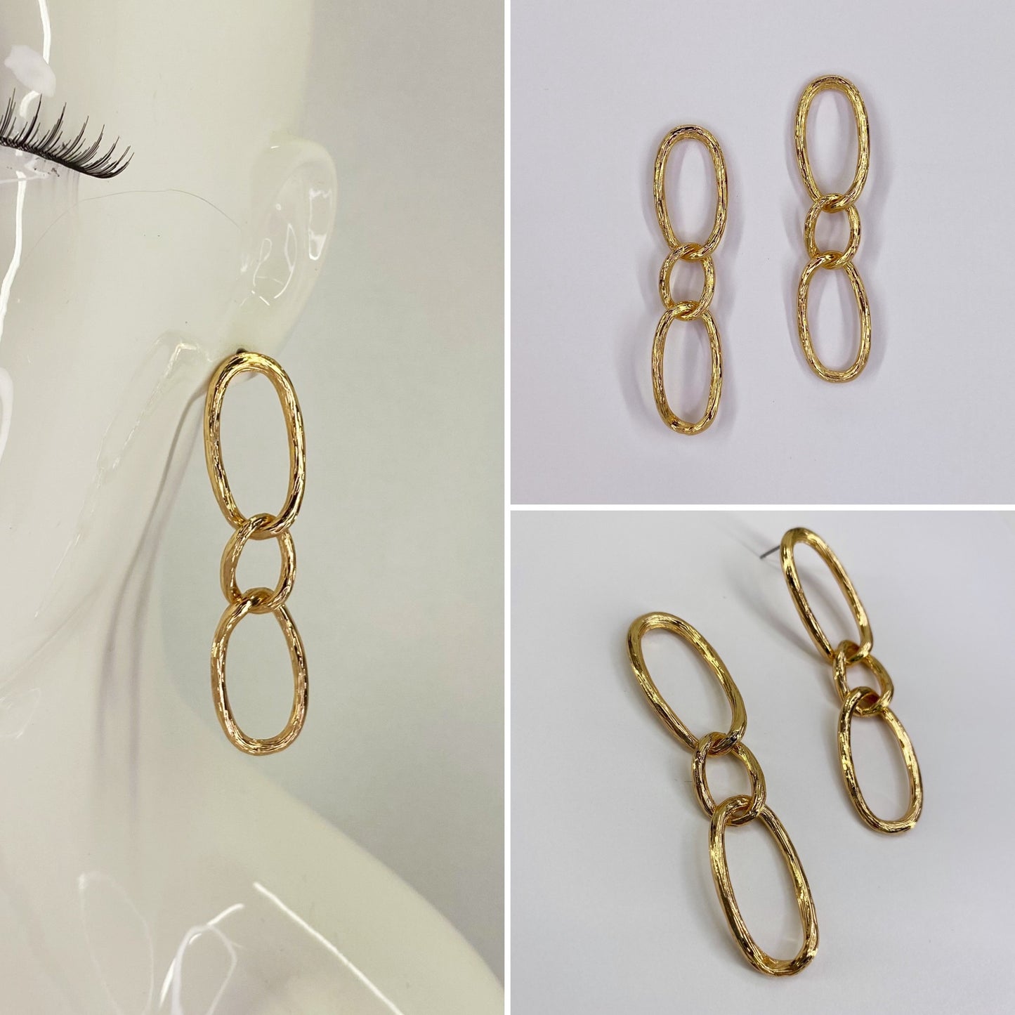Gold Finish Oval Link Rugged Drop Dangle Earrings