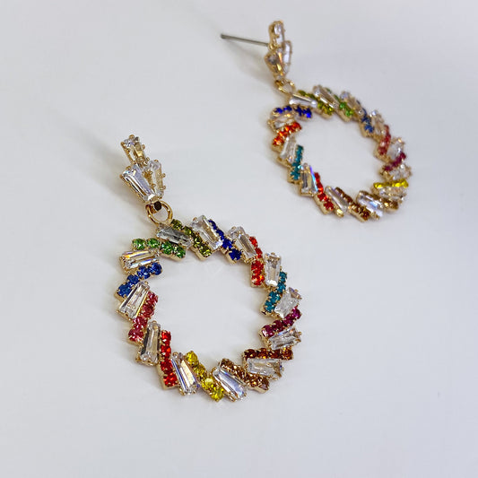 Post Back Gold Finish Multi Stones Round Earrings