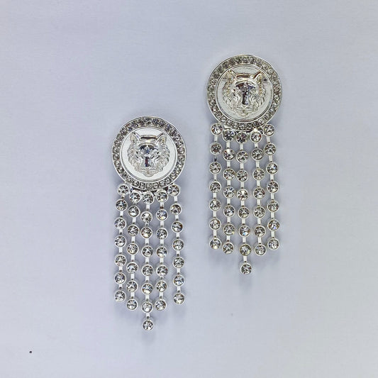 Lion Head Rhinestone Tassel Earrings