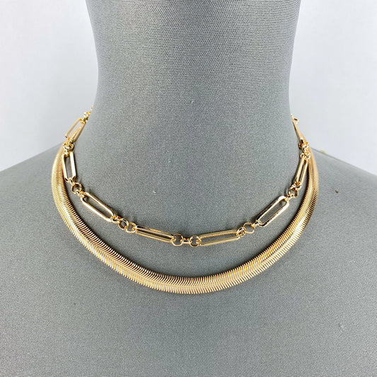 2 Herringbone and Clip Chain Necklaces Set