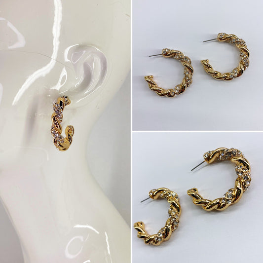 Twisted Metal with Rhinestones Hoop Post Earrings