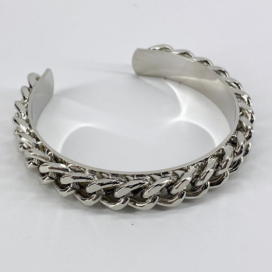 Silver Open Cuff Bracelet With Cuban Link Chain Design