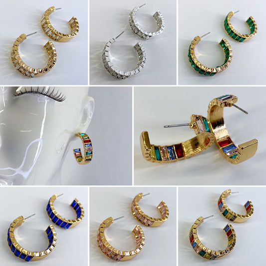 In and out Baguette Stones Small Hoop Earrings