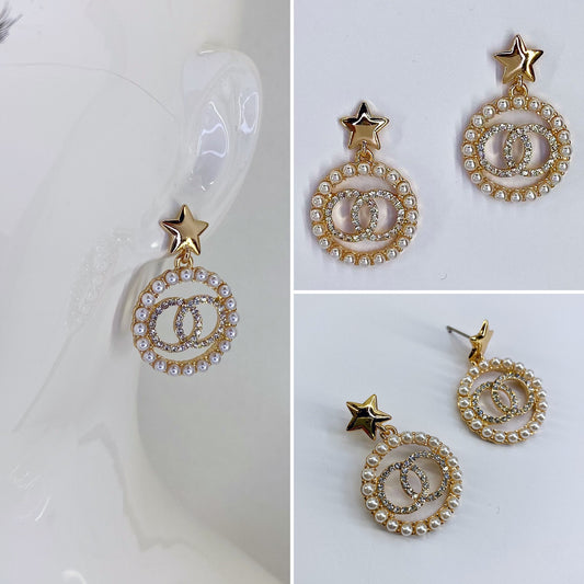 Star Earrings With Pearls Double O Rhinestones
