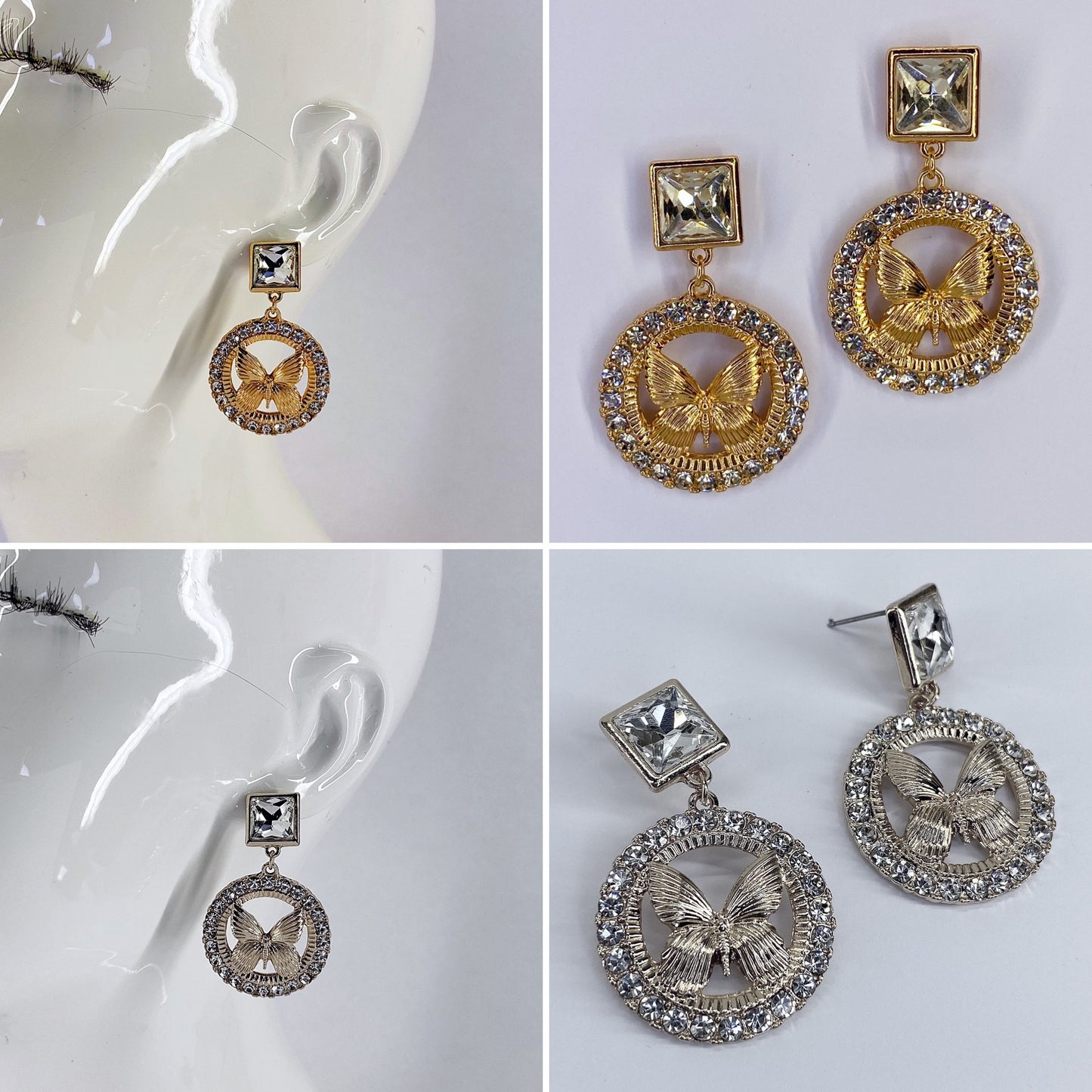 Gold or Silver Finish Drop Dangle Round Butterfly Earrings