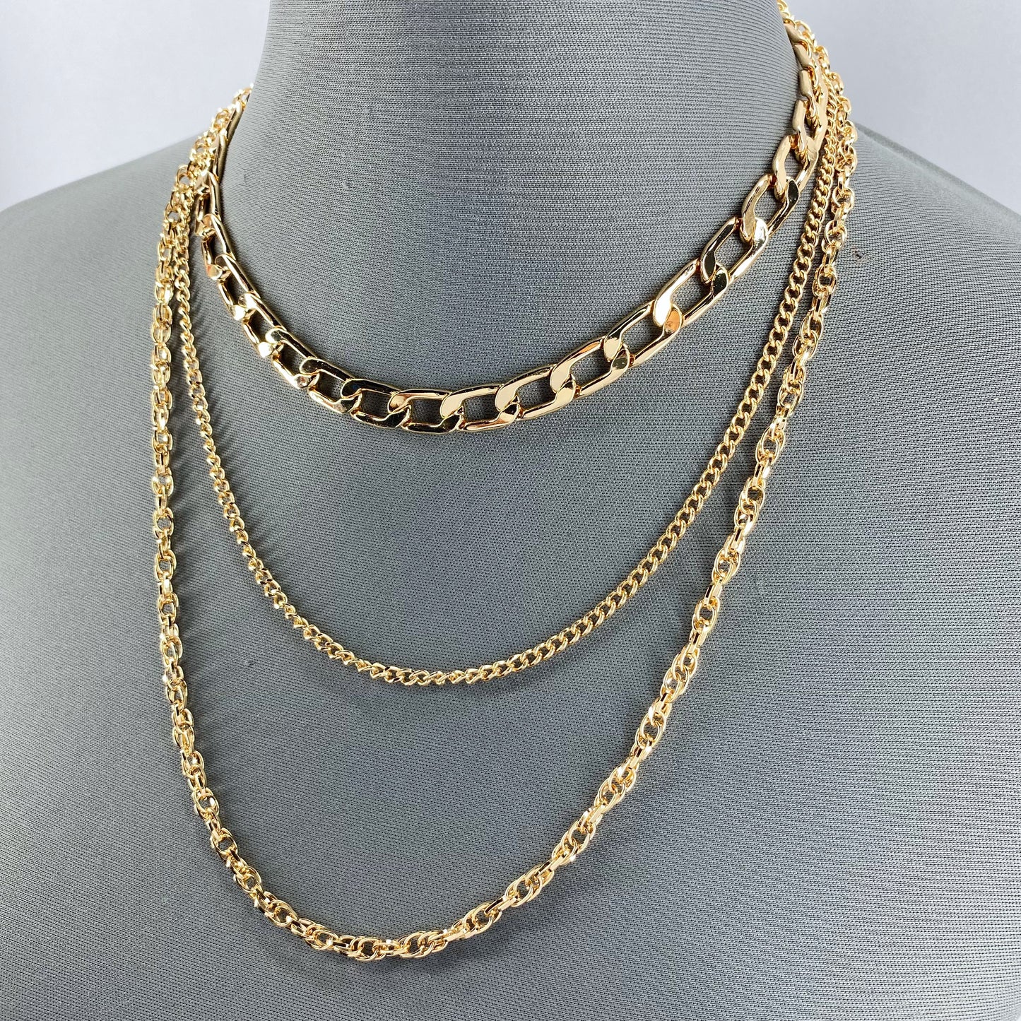 Multi Layered Gold Finish Necklace With Cuban Link, Rope and Curb Chain