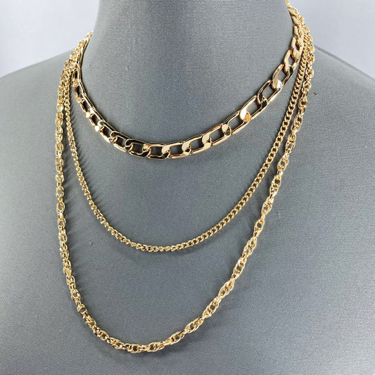 Multi Layered Gold Finish Necklace With Cuban Link, Rope and Curb Chain