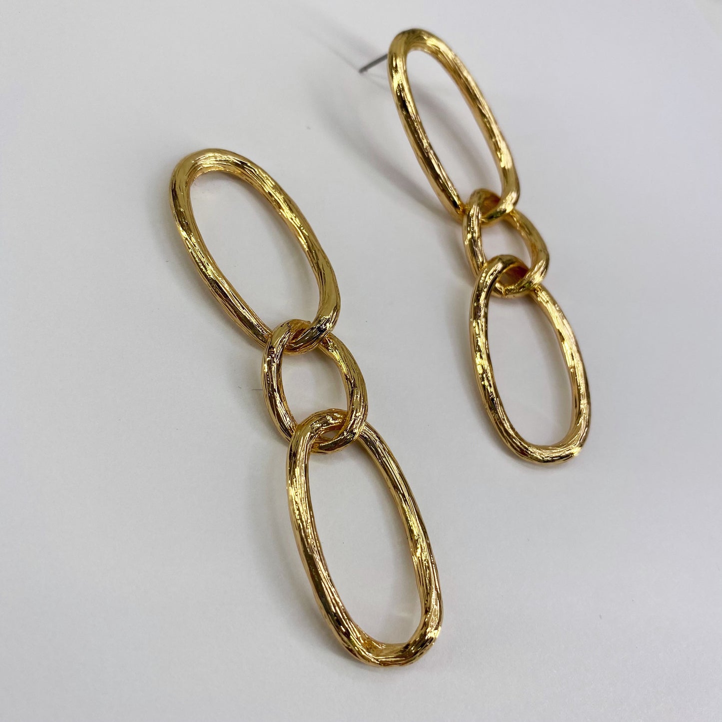 Gold Finish Oval Link Rugged Drop Dangle Earrings