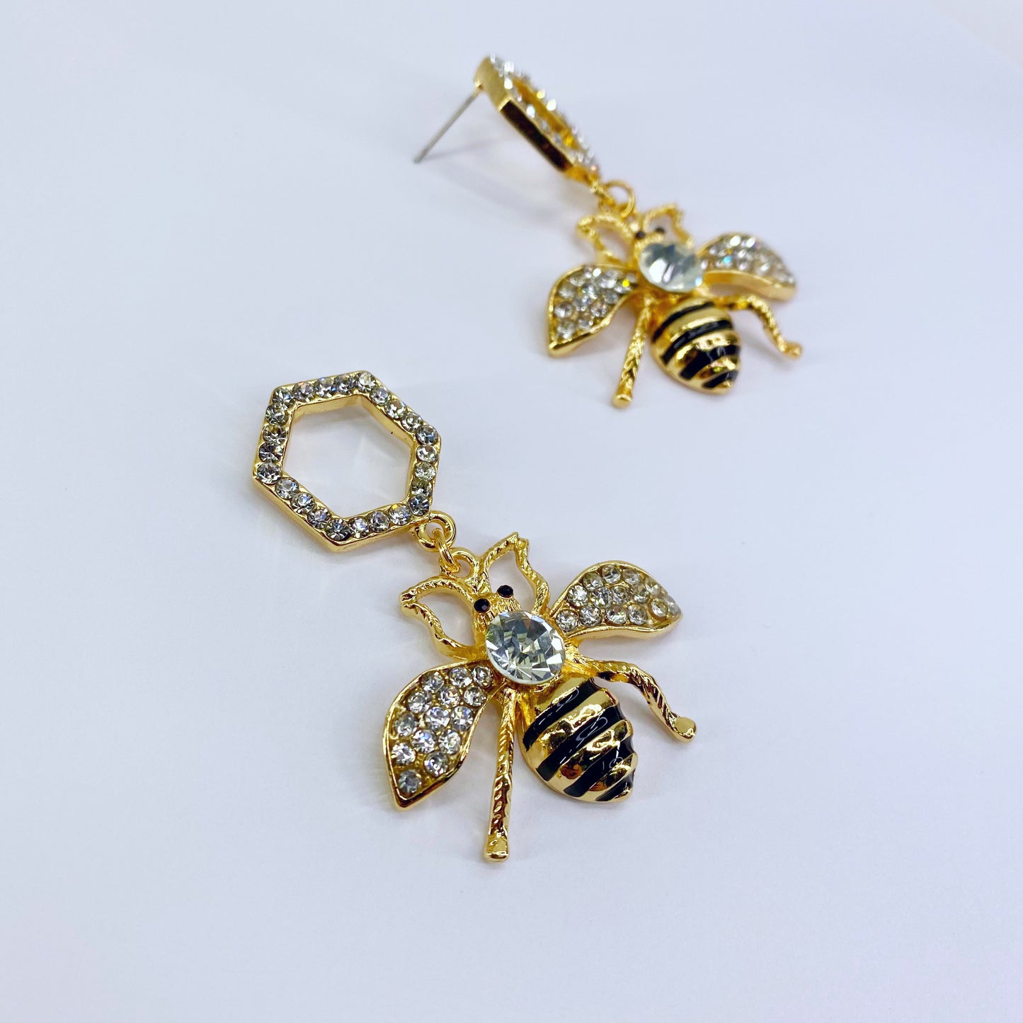 Drop Dangle Hexagon with Bee Earrings